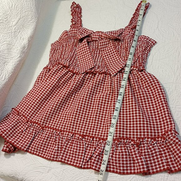 Y2K Coquette Top Gingham Ruffle Bow Smocked Womens With Straps Red White Size L - Picture 5 of 6